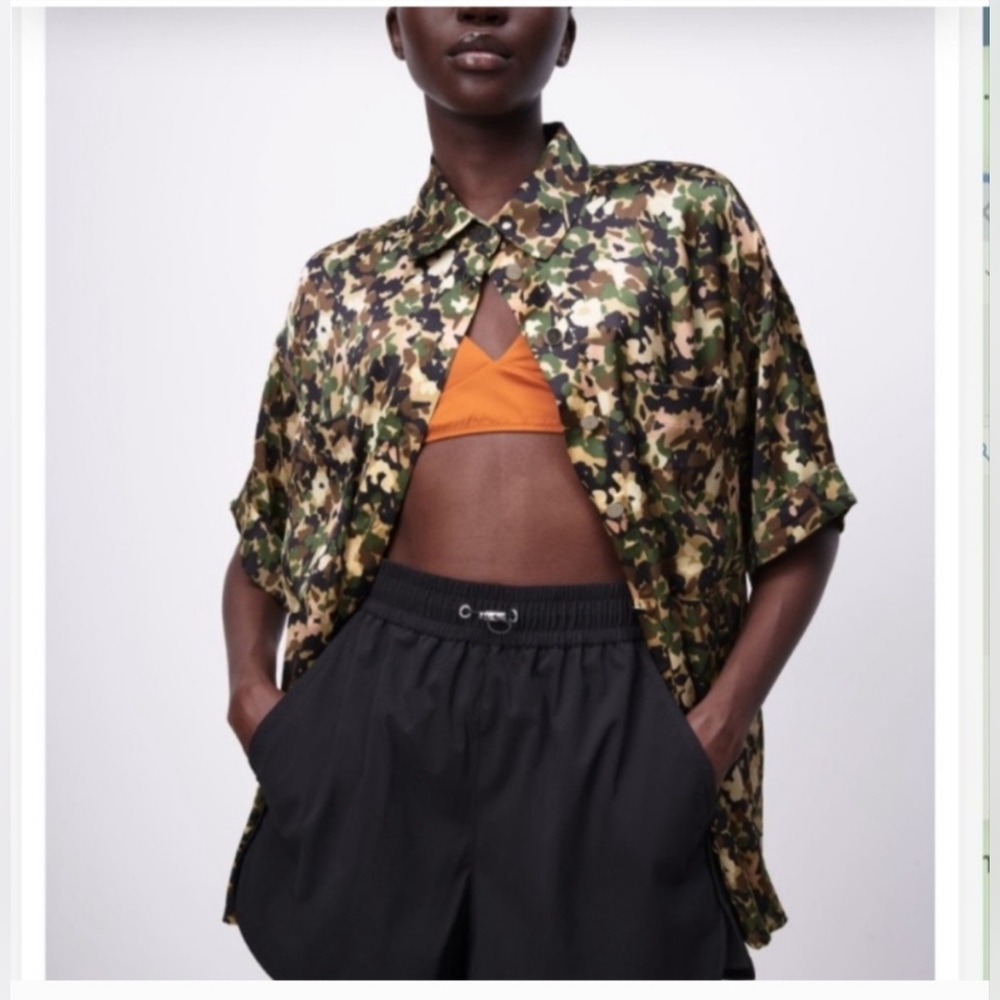 Zara Camouflage Print Blouse - Green, Brown, Black‎ - Picture 3 of 10